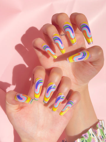 OPOOLA 24 pcs Ballerina Shape Rainbow Fake Press On Nails with Jelly Glue & Nail Buffer